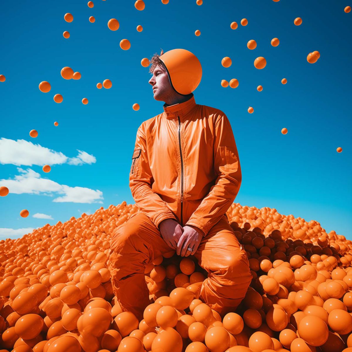 person siting in a sea of orange balls